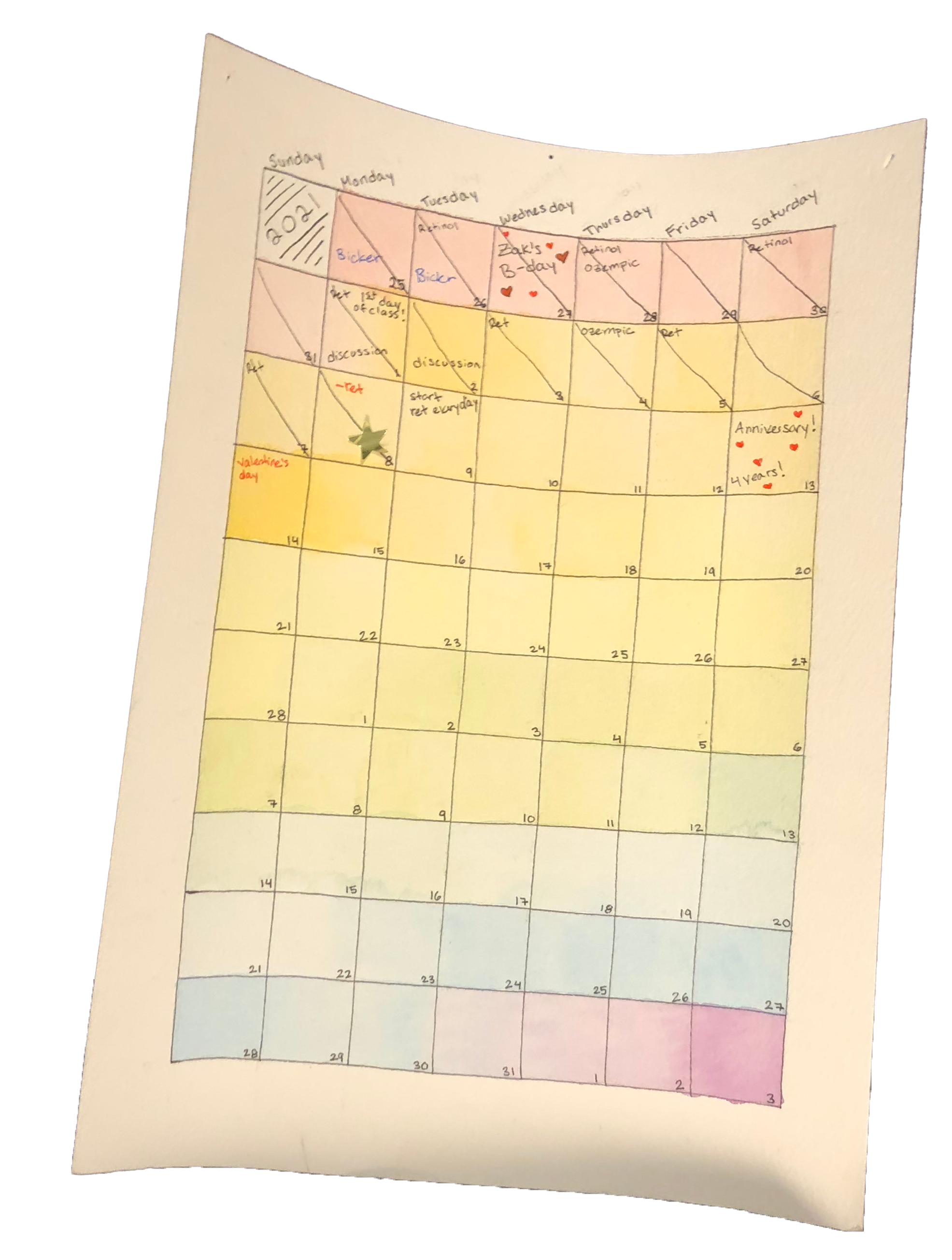 a watercolor calendar on one piece of paper that I made
