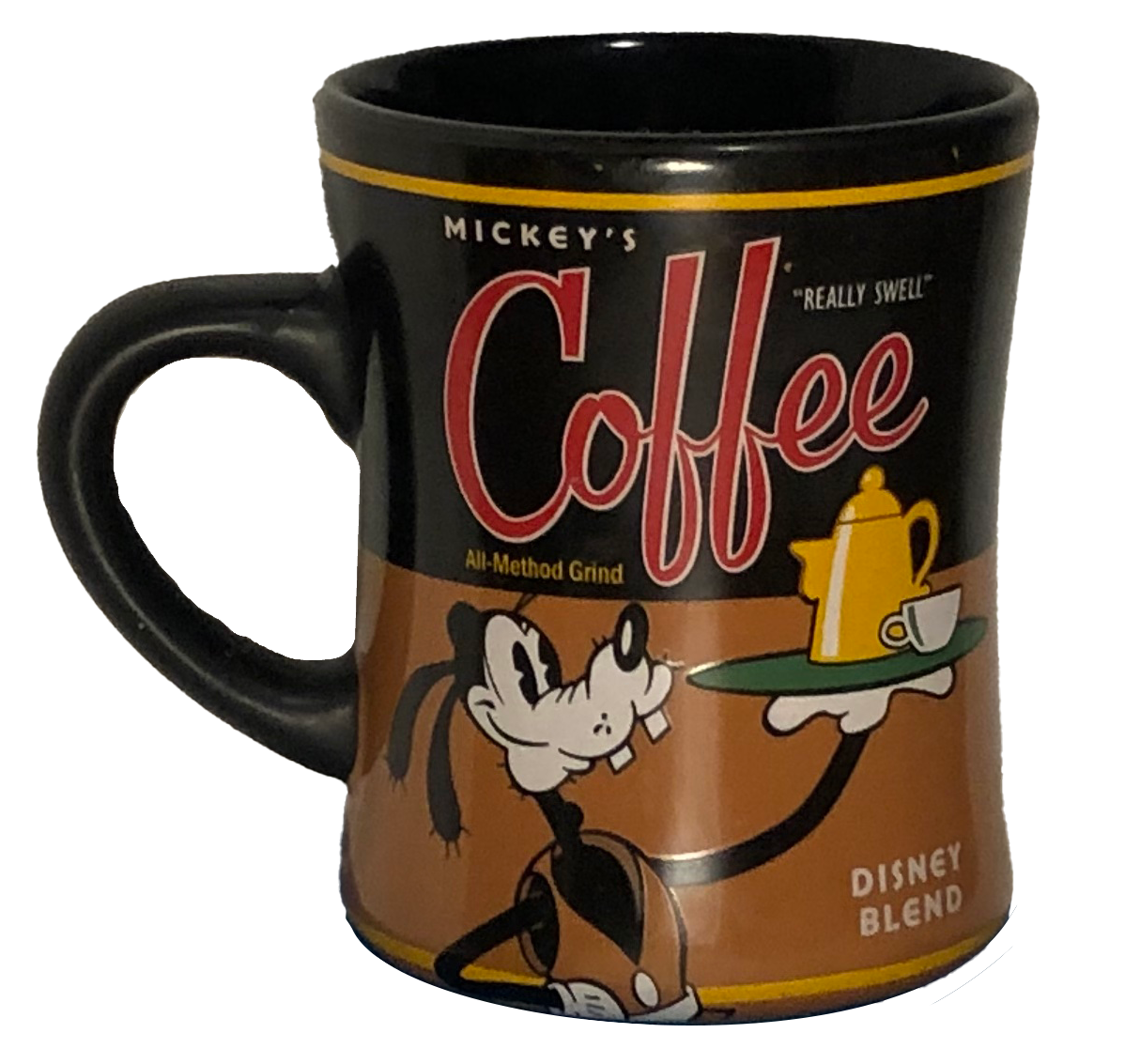 A ceramic mug featuring Goofy in the style of old disney animations
